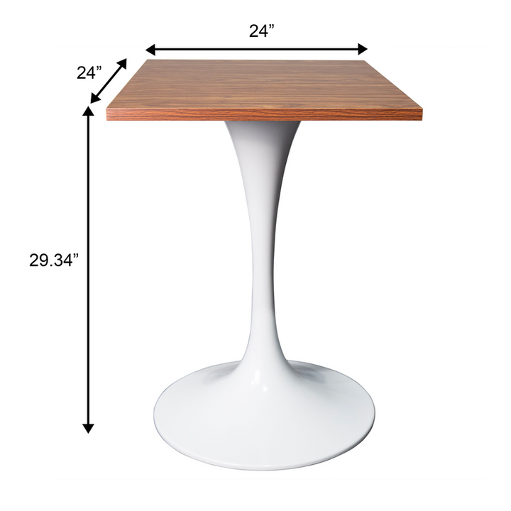 LeisureMod Verve Collection 24 Square Dining Table, White Base with Dark Maple MDF Top Dimensions.