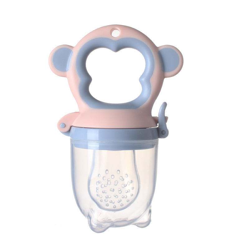 Pink and blue baby fruit feeder on a white background.