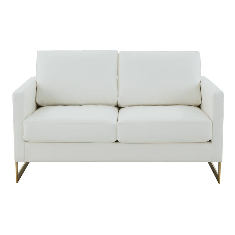 LeisureMod Lincoln Modern Mid-Century Upholstered PU Leather Loveseat with Gold Frame White Front View.