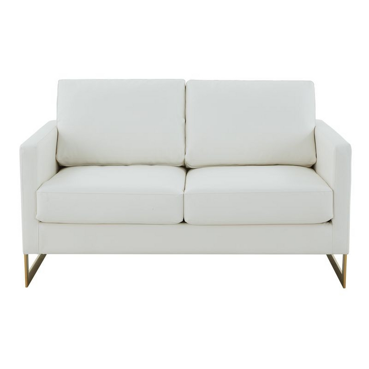 LeisureMod Lincoln Modern Mid-Century Upholstered PU Leather Loveseat with Gold Frame White Front View.