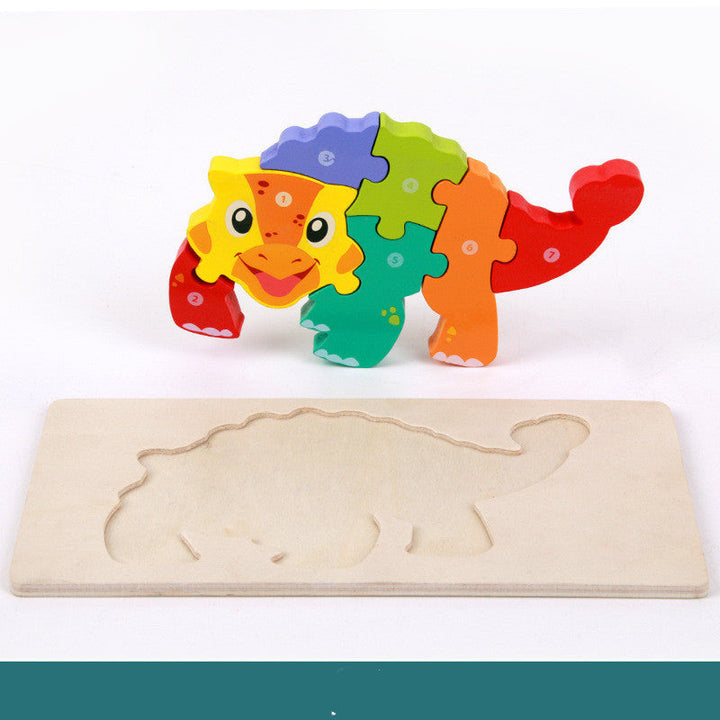 Colorful dinosaur-shaped wooden puzzle on a white background.