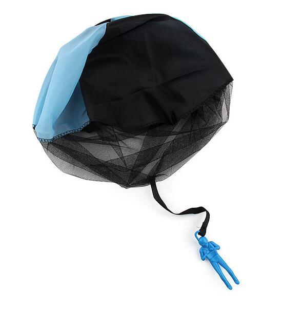 Black parachute with blue accents on a white background.