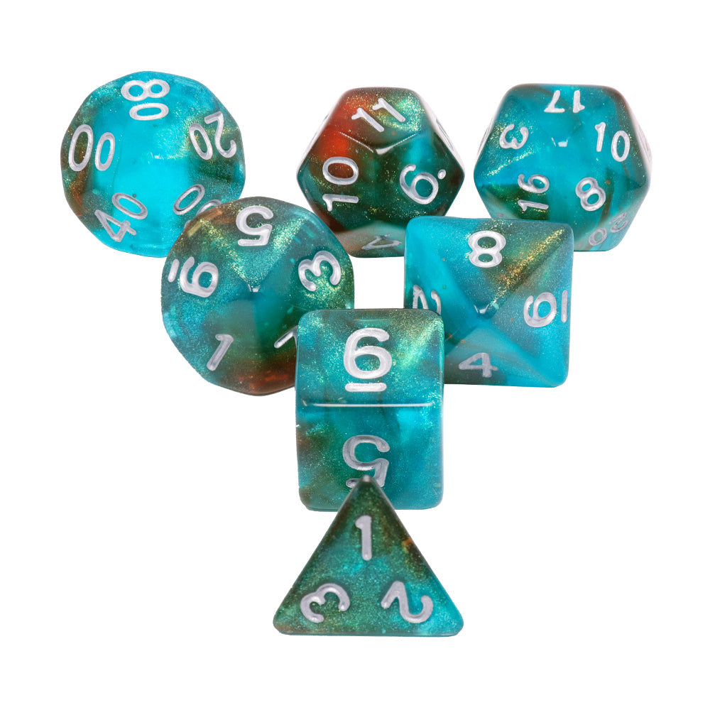 Neverland 7-Dice Set Teal/Orange w/Silver Numbers Dnd Dice Set (Blacklight reactive)