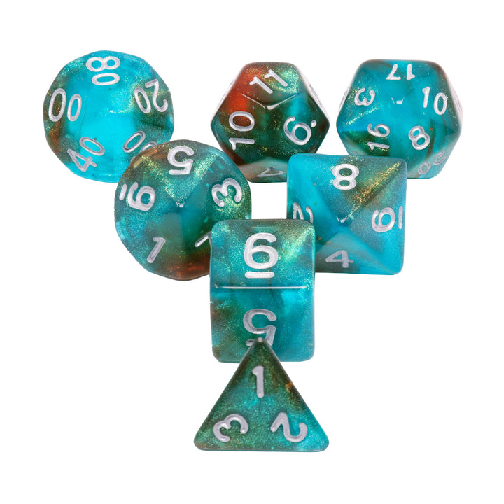Neverland 7-Dice Set Teal/Orange w/Silver Numbers Dnd Dice Set (Blacklight reactive)