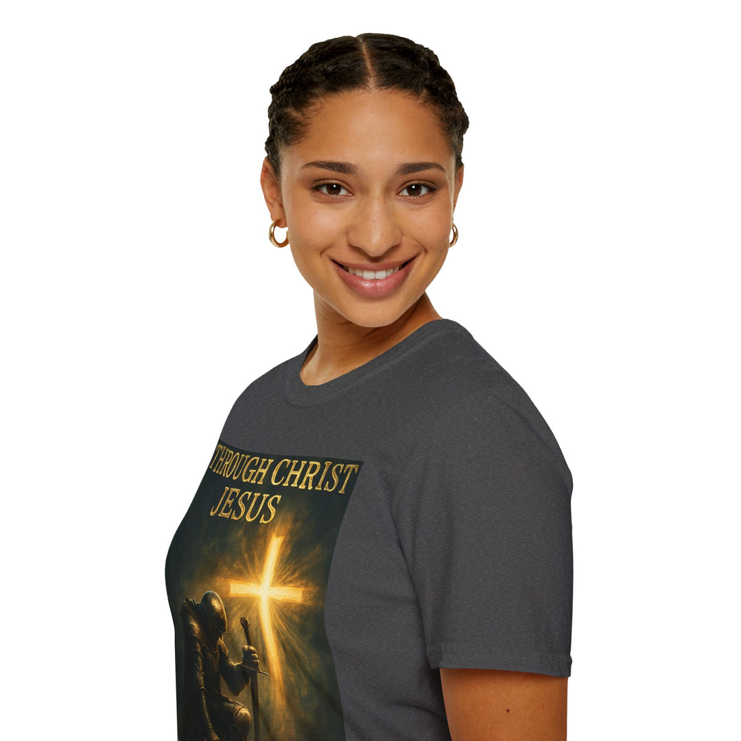 Christian Knight T-Shirt — "Through Christ Jesus" Front and "I Am Saved" Back
