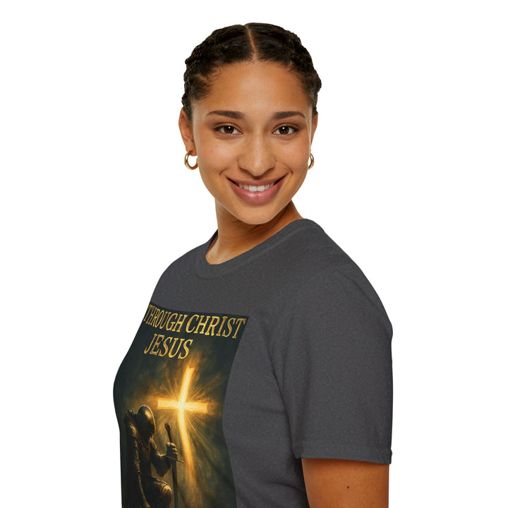 Christian Knight T-Shirt — "Through Christ Jesus" Front and "I Am Saved" Back