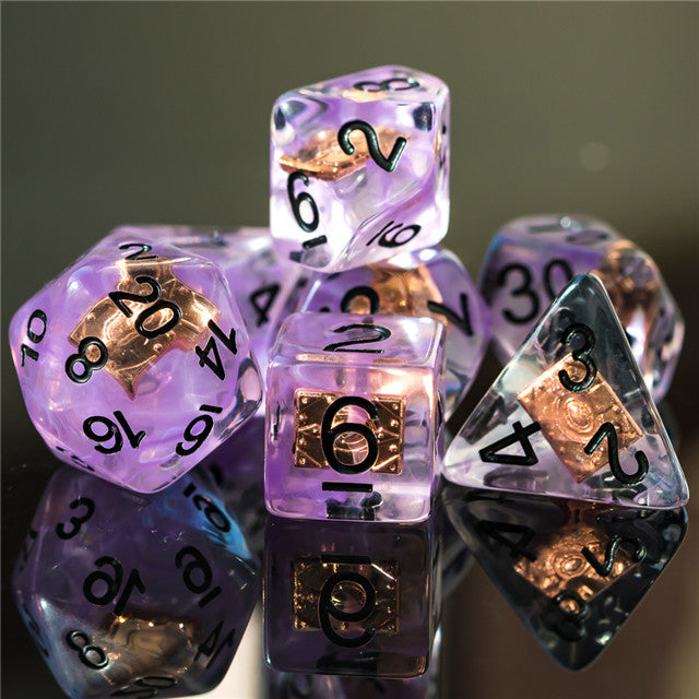 Warlock (Magic Book) Clear Purple Dice w/ Golden Book 7-Dice Set Rpg
