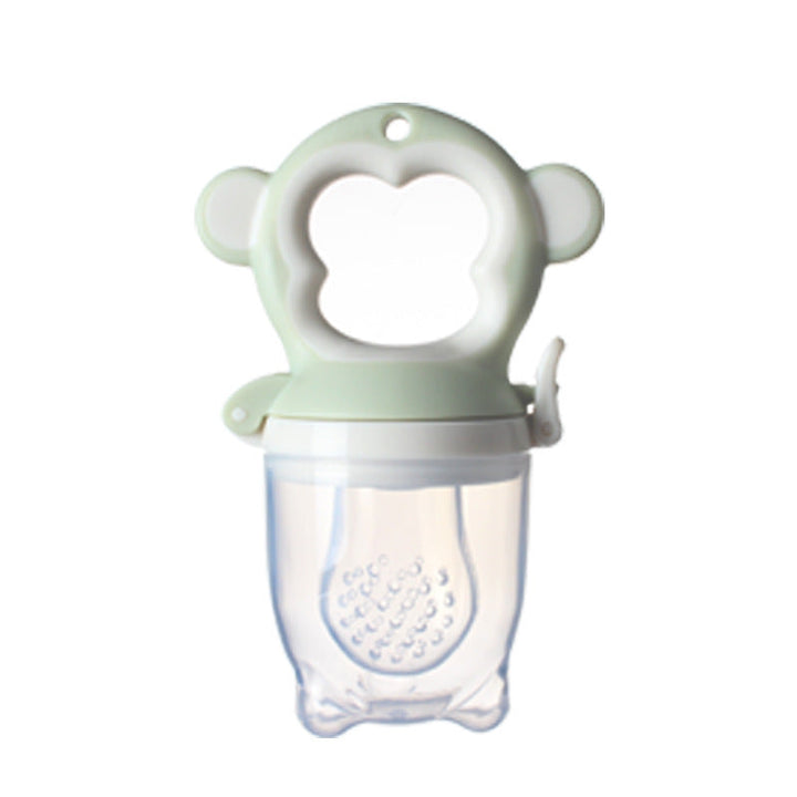 Green baby teether with a clear silicone mesh on a white background.