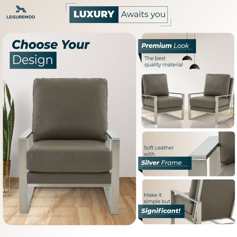 LeisureMod Jefferson Faux Leather Modern Design Accent Armchair with Elegant Silver Frame Grey Designs.