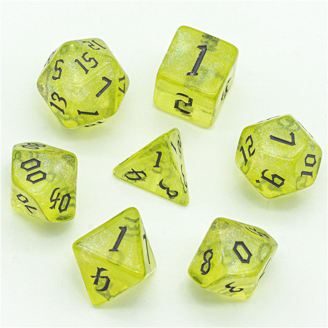 Yellow Glitter Party Glitter Dice (Silver font) 7-Dice Set RPG DND