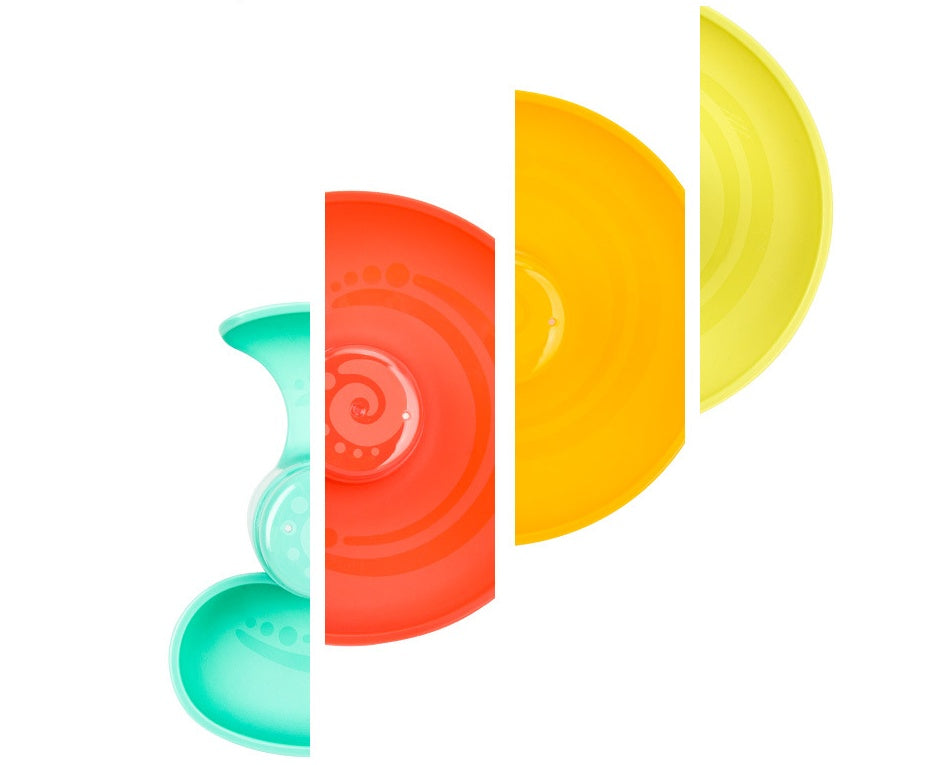 Set of colorful toys with different designs on a white background.