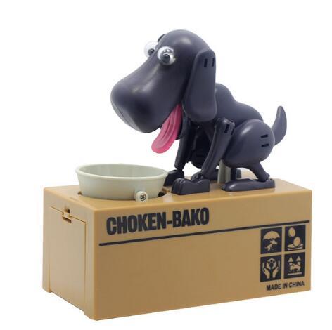 Dog-shaped toy with a bowl on a cardboard box.