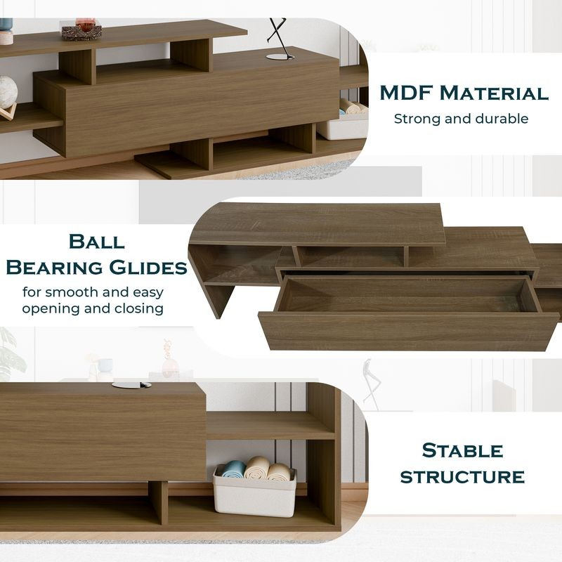 LeisureMod Surrey Modern TV Stand with MDF Shelves and Bookcase in Oak Wood Information.