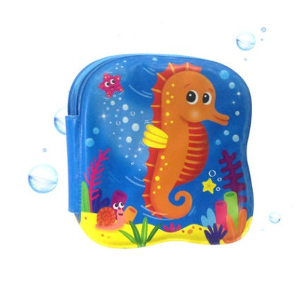 Children's pouch with a seahorse design on a blue background.