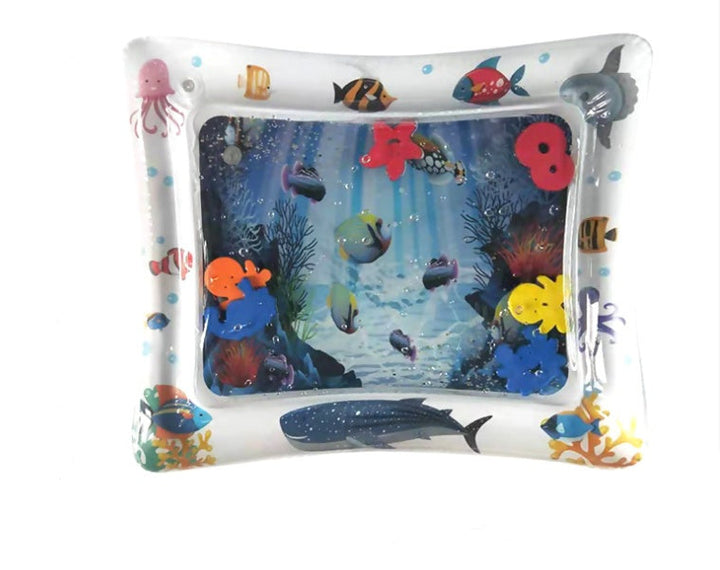 Inflatable pool toy with underwater scene and colorful fish design on a white background.