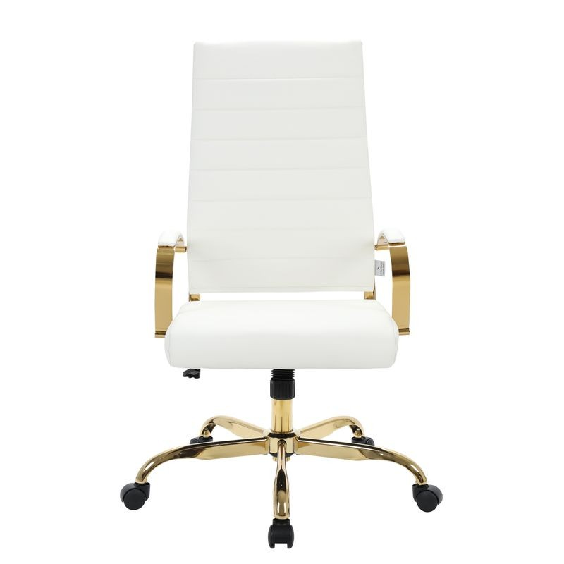 LeisureMod Benmar High-Back Leather Office Chair with Gold Frame White Front.