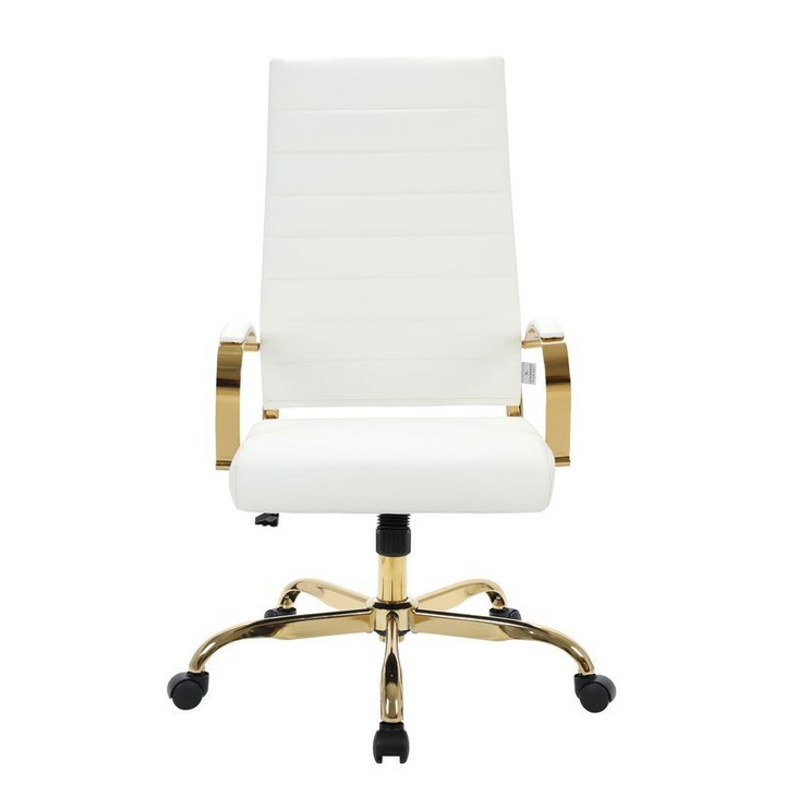 LeisureMod Benmar High-Back Leather Office Chair with Gold Frame White Front.
