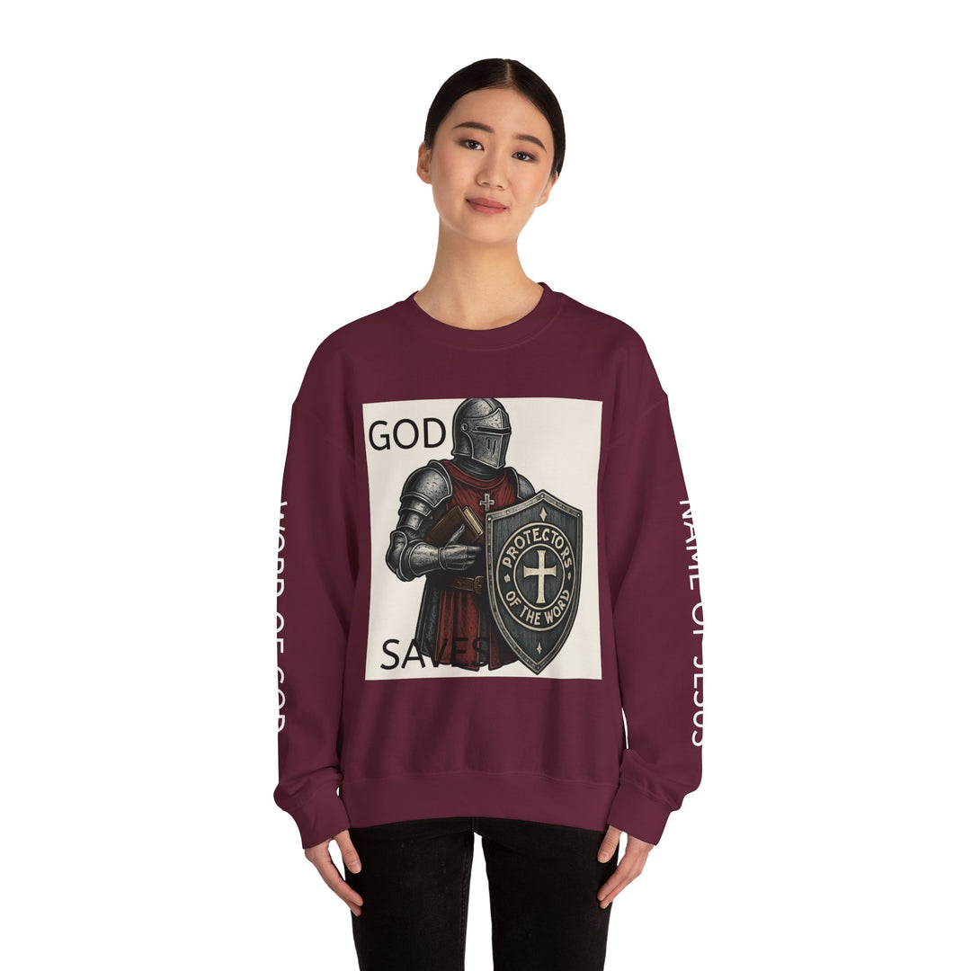 Knight Shield Crewneck Sweatshirt — "Protectors of the Word" Christian Armor Design