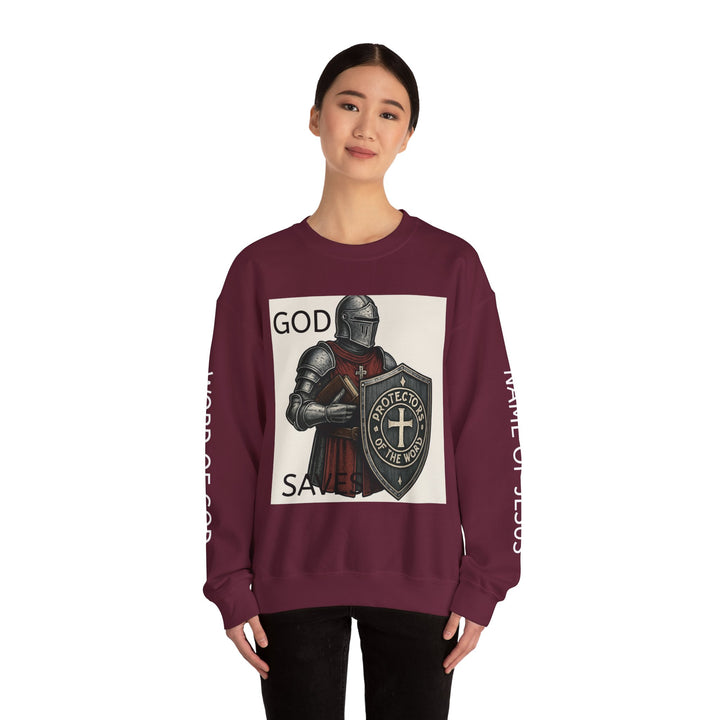Knight Shield Crewneck Sweatshirt — "Protectors of the Word" Christian Armor Design