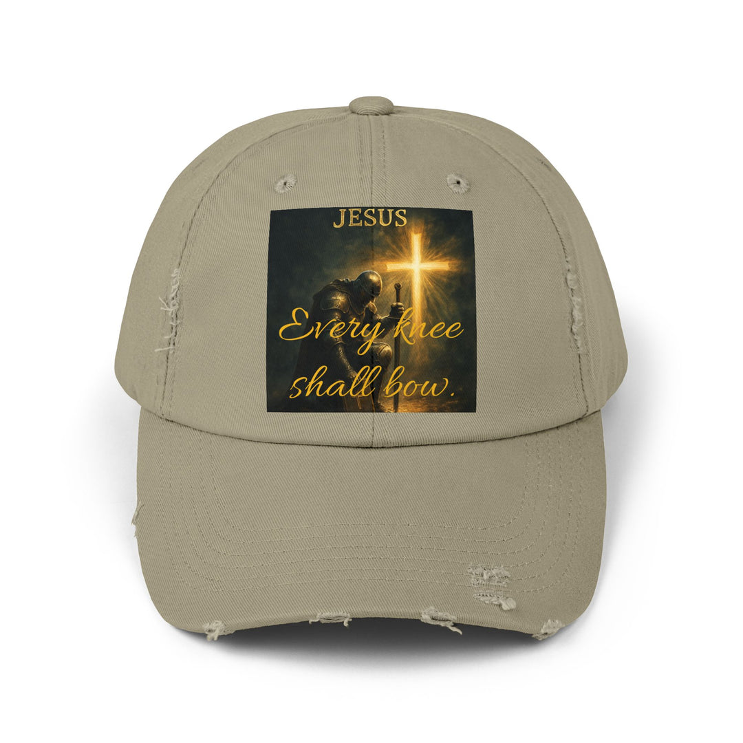 Jesus Cross Distressed Cap — "Every Knee Shall Bow" Christian Hat