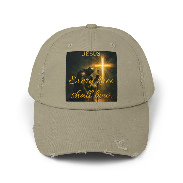 Jesus Cross Distressed Cap — "Every Knee Shall Bow" Christian Hat