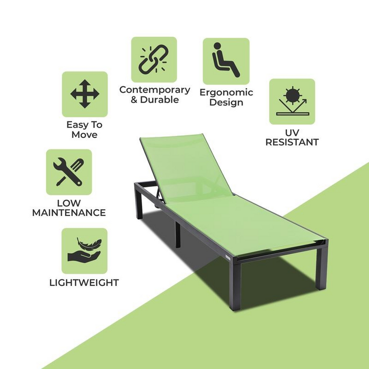LeisureMod Marlin Patio Chaise Lounge Chair with Black Aluminum Frame Green Description.