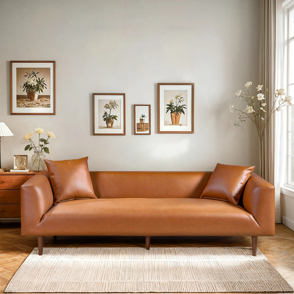 Elwood Cognac Vegan Leather Sofa Front View.
