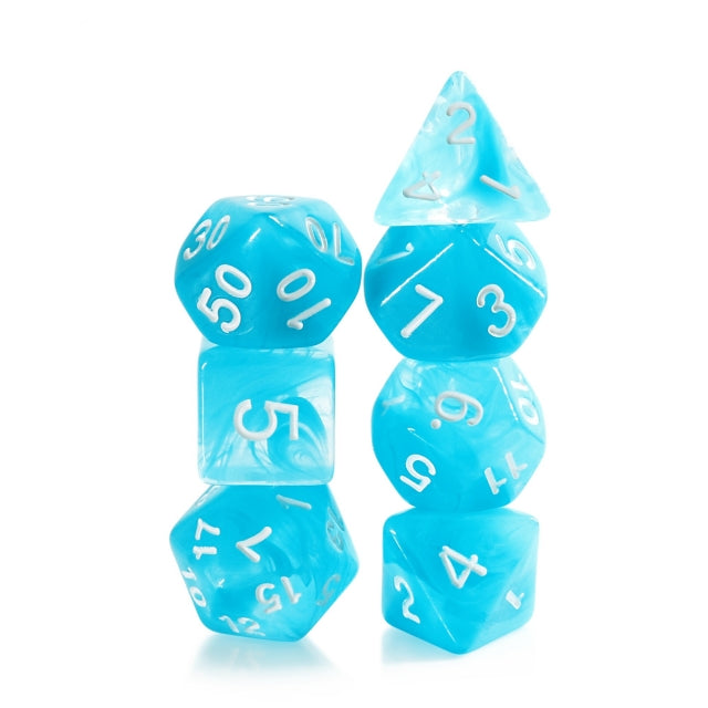 Sky Blue Swirl with White Numbering 7-Dice Set RPG