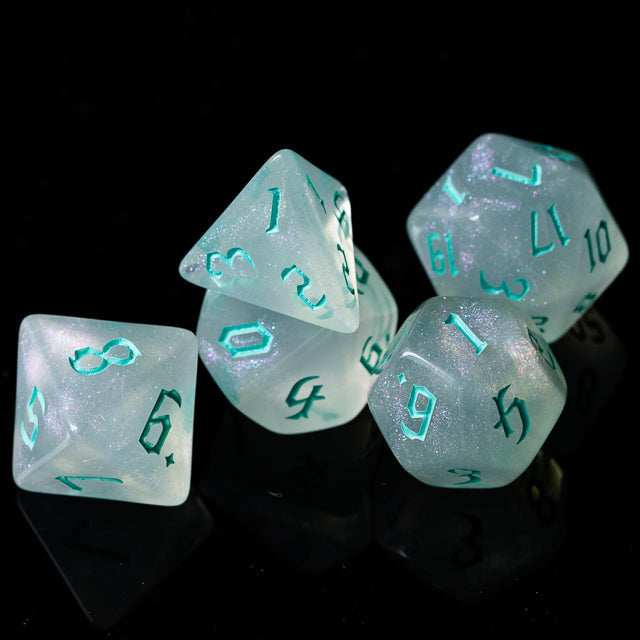 Glitter Party White Glitter Dice (Mint font) 7-Dice Set RPG DND
