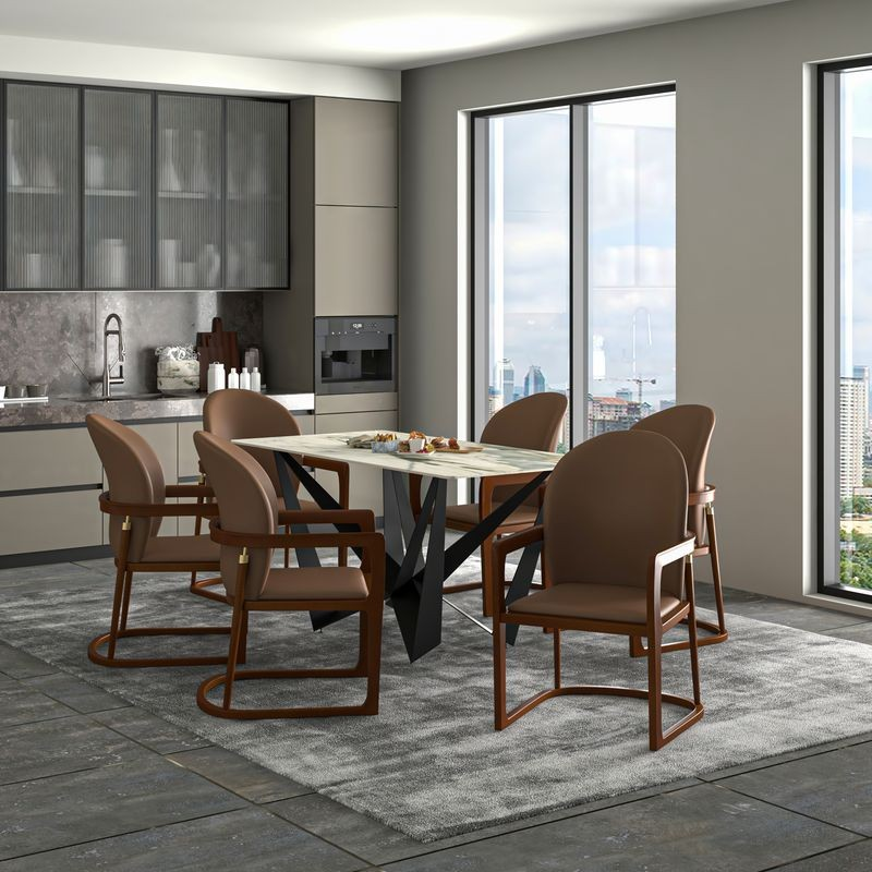 LeisureMod Svelta Elegant Wooden Dining Chair in Brown at Table.