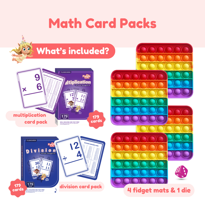 Math card packs with fidget mats and a die on a white background.