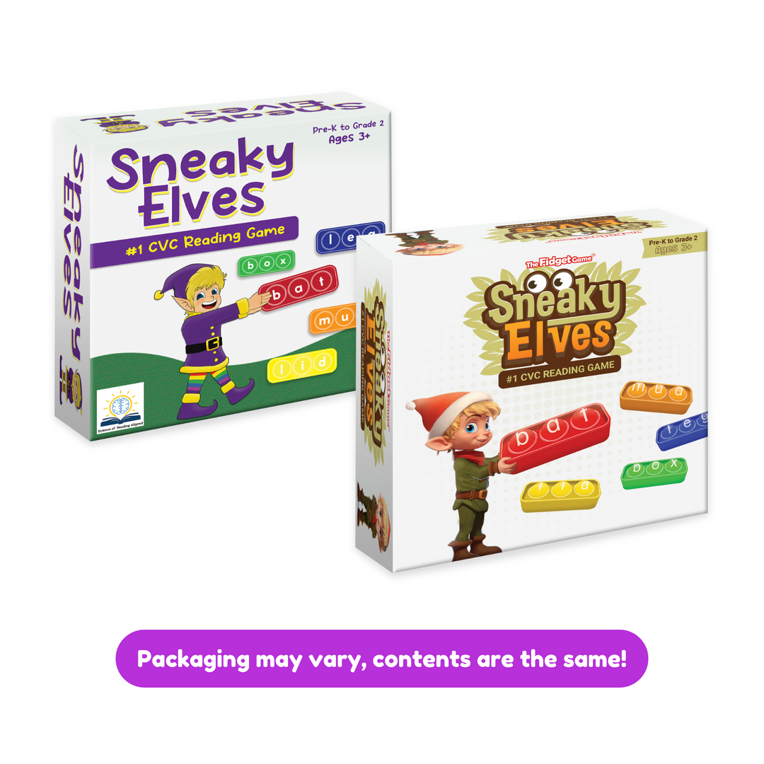 Two boxes of Sneaky Elves educational game on a white background.
