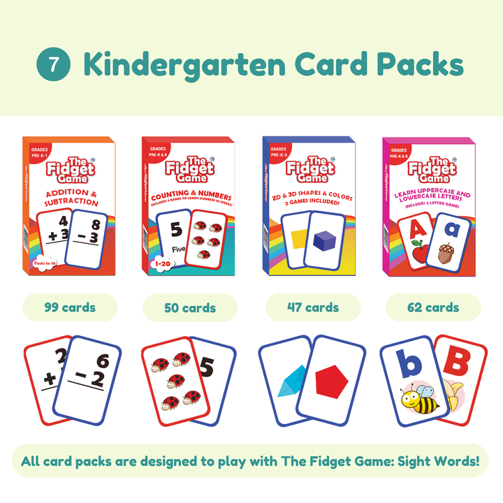 Kindergarten card packs with colorful packaging and educational content on a light green background.