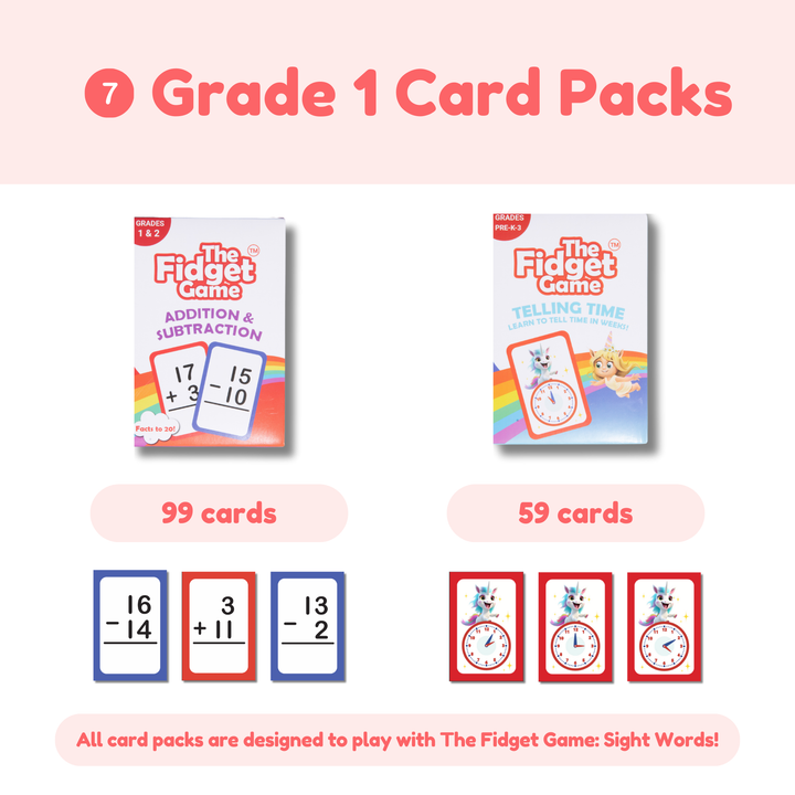 Two card packs for Grade 1 students with educational content on a light pink background.