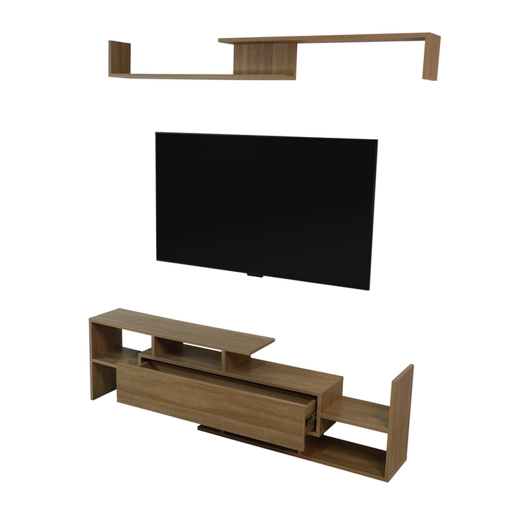 LeisureMod Surrey Modern TV Stand with MDF Shelves and Bookcase in Oak Wood