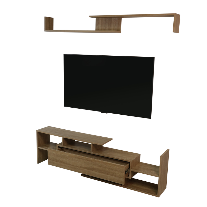 LeisureMod Surrey Modern TV Stand with MDF Shelves and Bookcase in Oak Wood