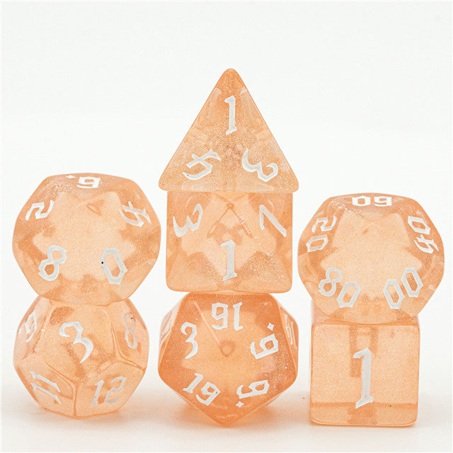 Peach Glitter Party Glitter Dice (White font) 7-Dice Set RPG DND