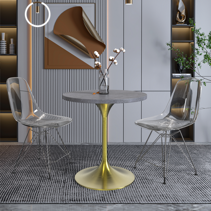 LeisureMod Verve Collection 27 Round Dining Table, Brushed Gold Base with Sintered Stone Grey Top with Chairs.