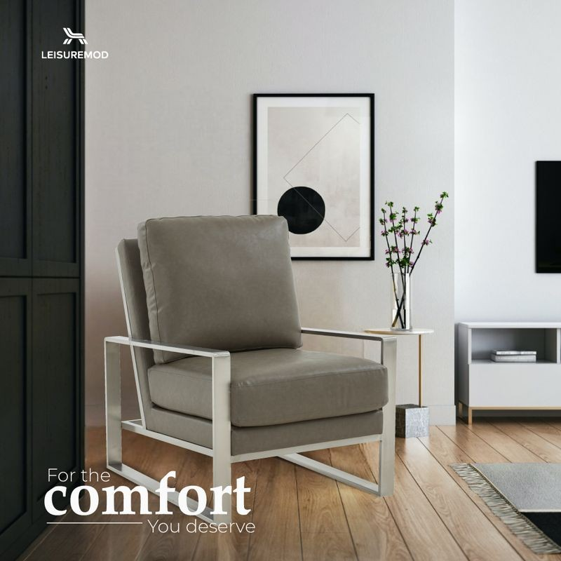 LeisureMod Jefferson Faux Leather Modern Design Accent Armchair with Elegant Silver Frame Grey Comfort.