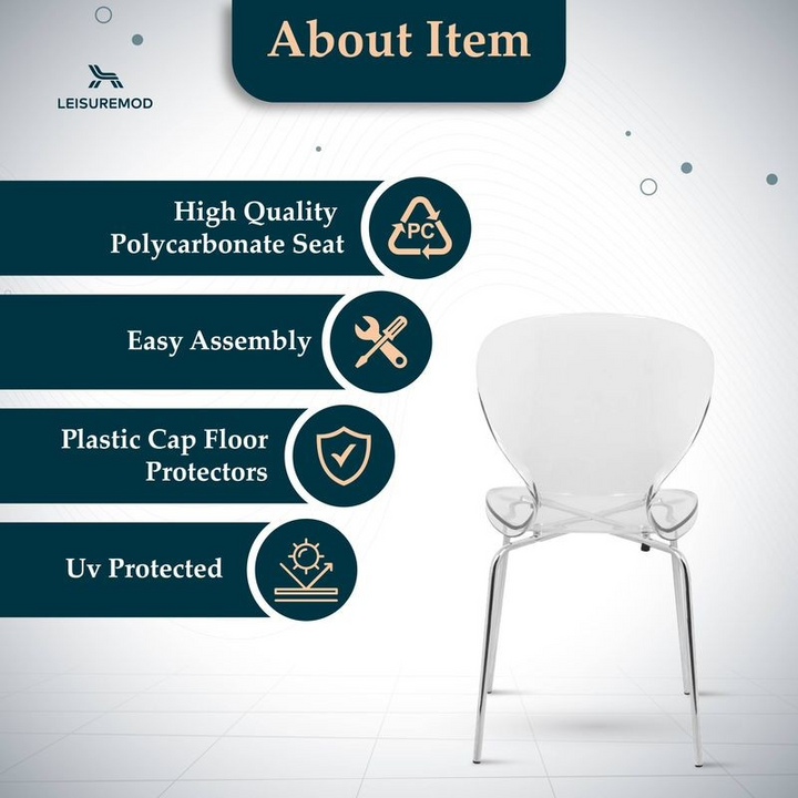 Clear chair with LeisureMod branding and product features on a white background.