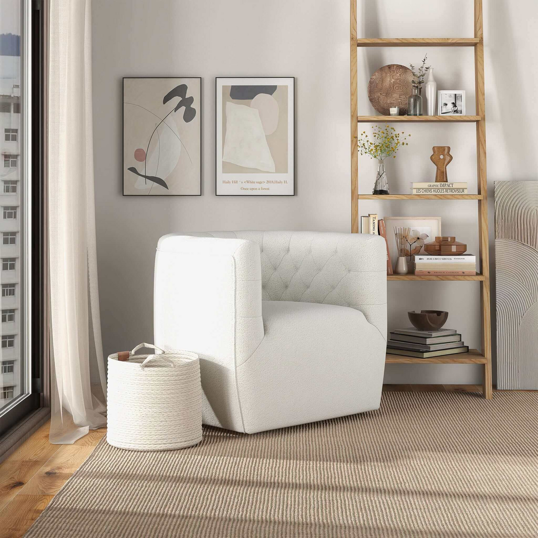 Delaney Cream Boucle Swivel Chair in Room