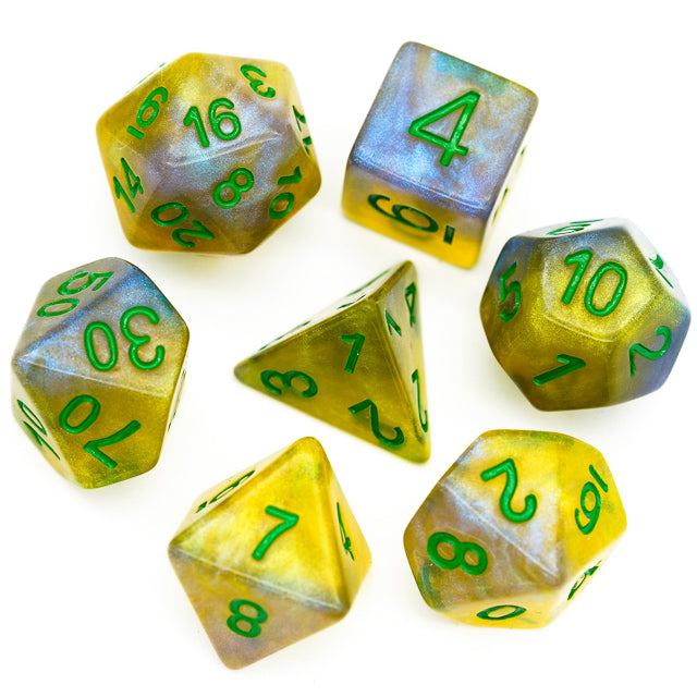 Blue & Yellow w/green Galaxy Glitter 7-Dice Set RPG