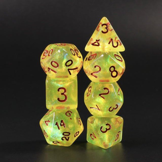 Lemon Yellow Glitter with Red Numbering 7-Dice Set RPG