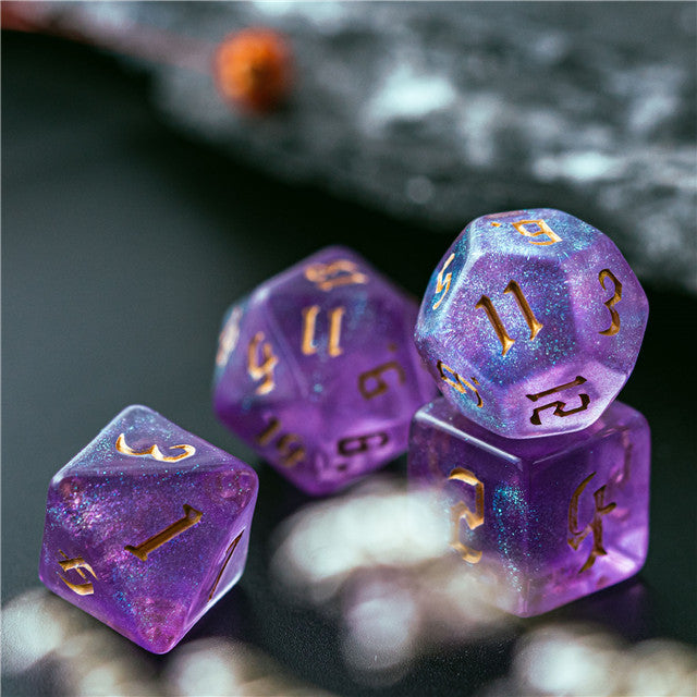 Purple Glitter Party Glitter Dice (Gold font) 7-Dice Set RPG DND