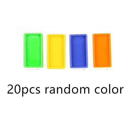 Four rectangular silicone molds in green, yellow, blue, and orange on a white background with text 20 pieces random color.