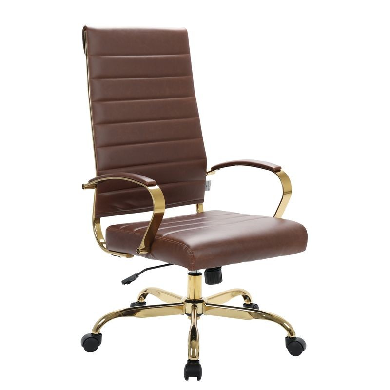 LeisureMod Benmar High-Back Leather Office Chair with Gold Frame Brown