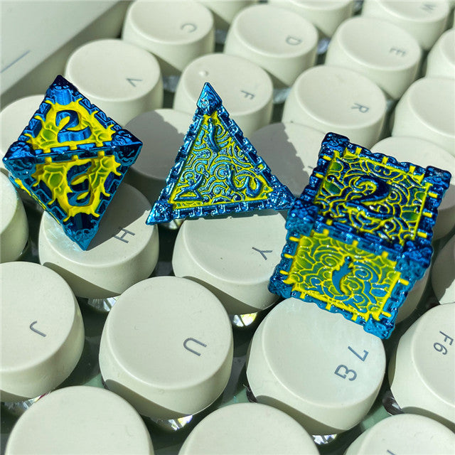 Blue and Yellow Metal Dice（Dagger of Venom）7-Dice Udixi RPG