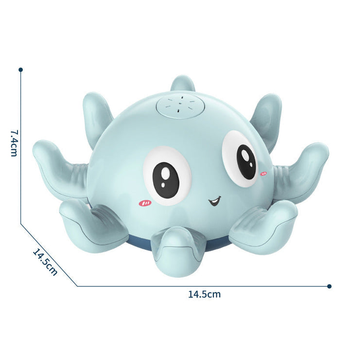 Blue octopus-shaped toy with dimensions on a white background.