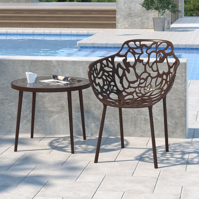 LeisureMod Modern Devon Aluminum Armchair Brown at Table.