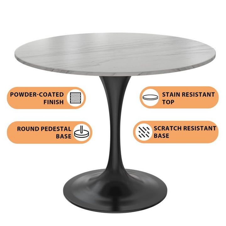 LeisureMod Verve Collection 36 Round Dining Table, Black Base with Sintered Stone White Top Details.